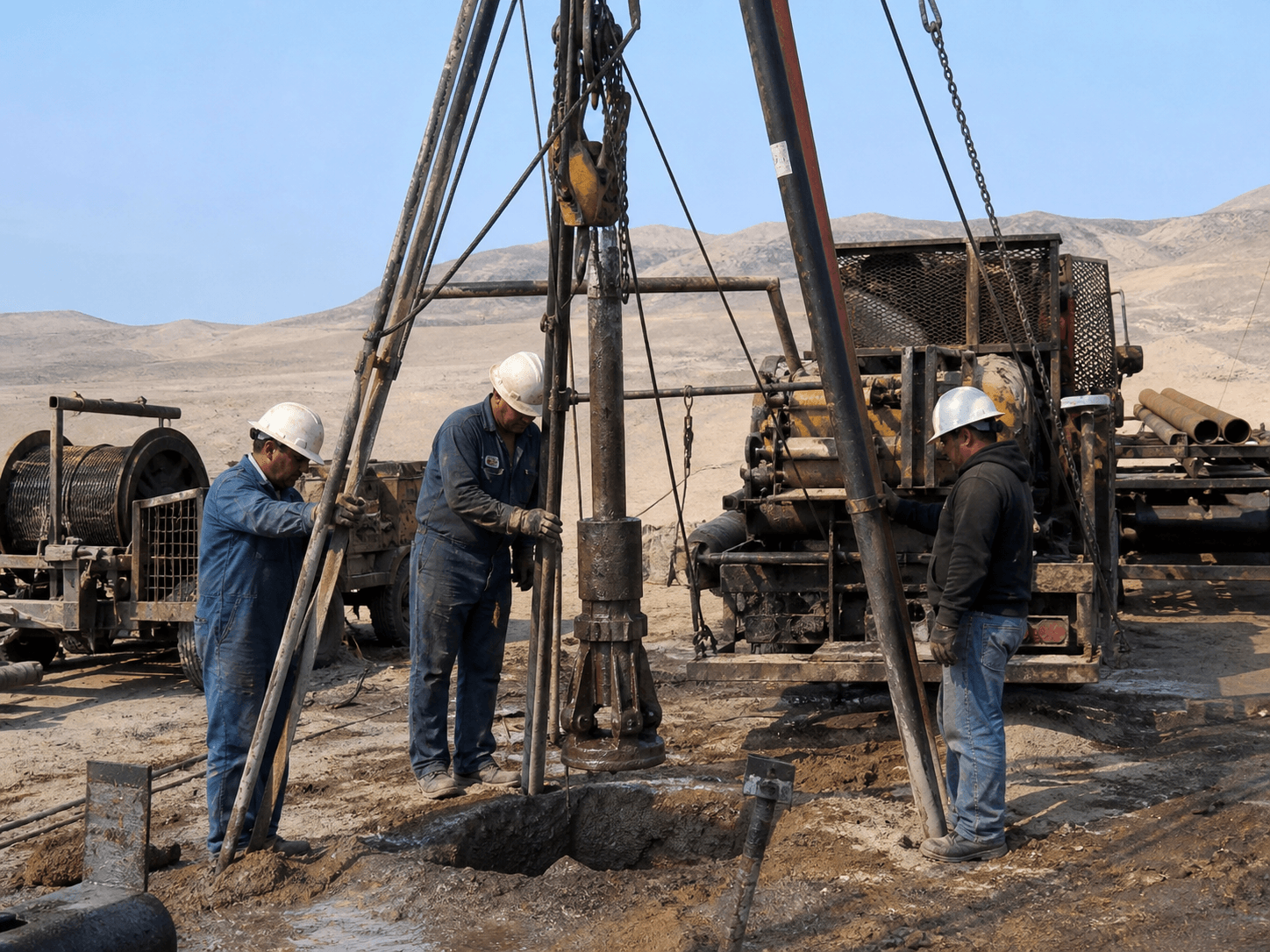 Cable-tool drilling rig operating on a rural site